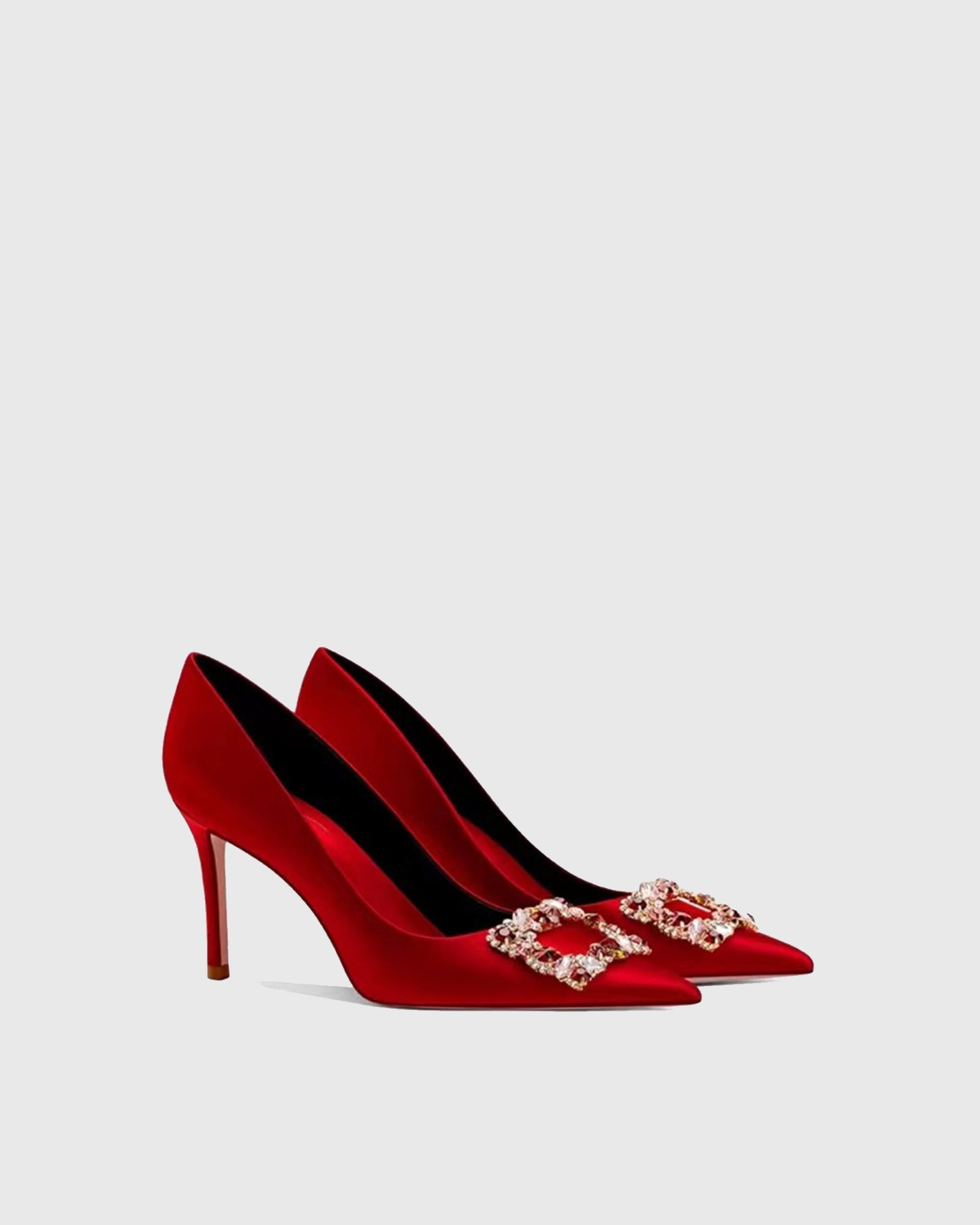 Vaike Rhinestone Buckle Satin Pumps In Red