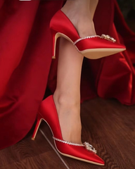 Vaike Rhinestone Satin Pumps In Red