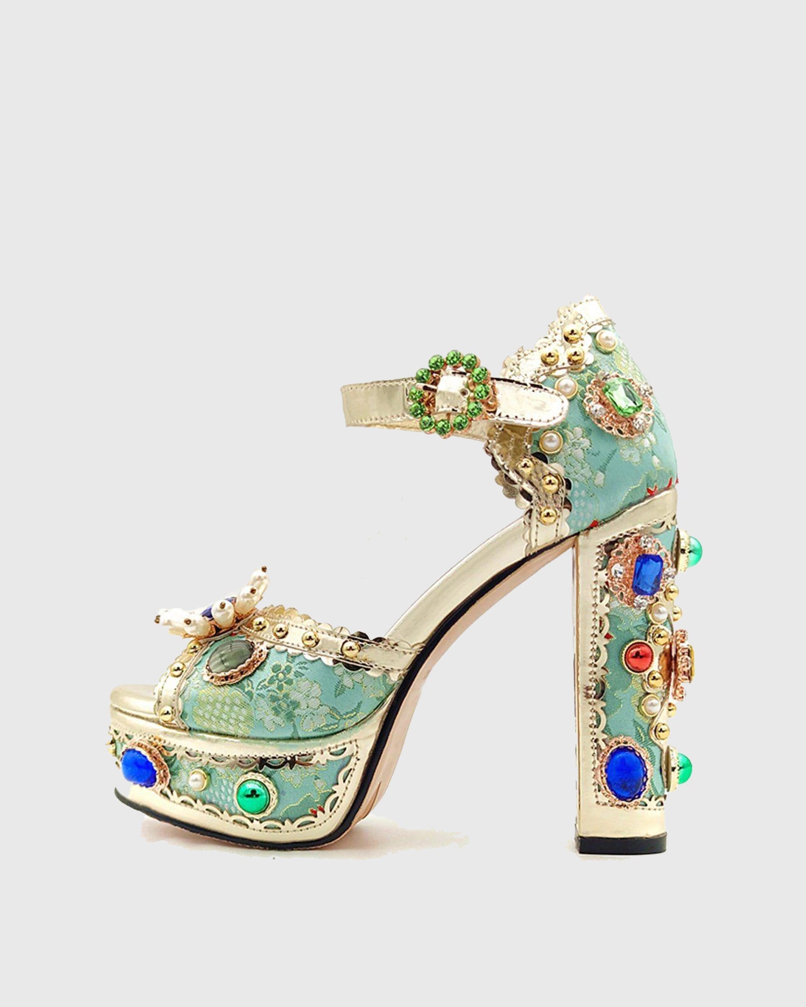 Valeria Rhinestone Vintage Embroidery Platform Sandals In Green