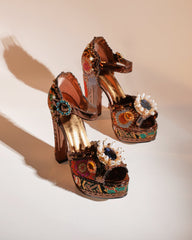 Valeria Pearl Vintage Embroidery Platform Sandals In Brown
