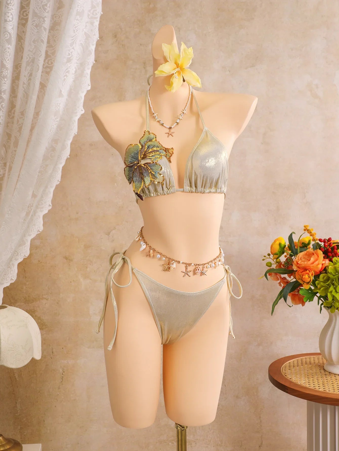 Vintage Beige 3D Flower Embroidered Bikini Set