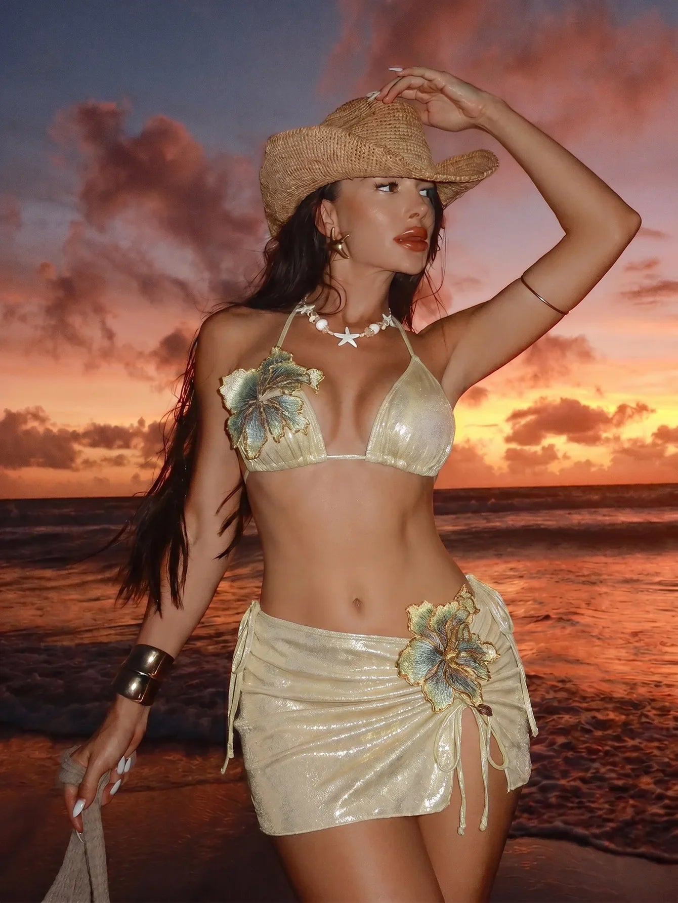 Vintage Beige 3D Flower Embroidered Bikini Set