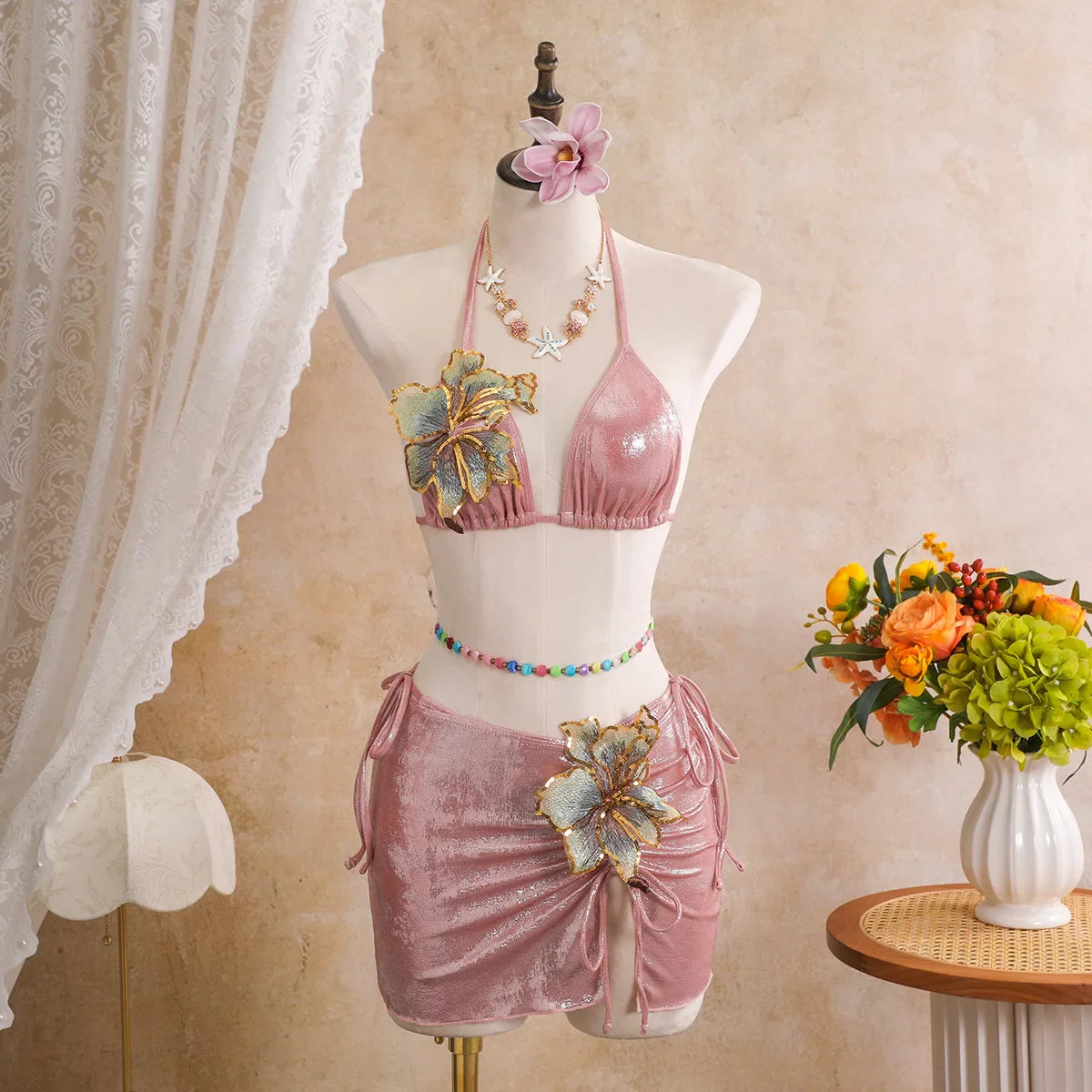 Vintage Beige 3D Flower Embroidered Bikini Set
