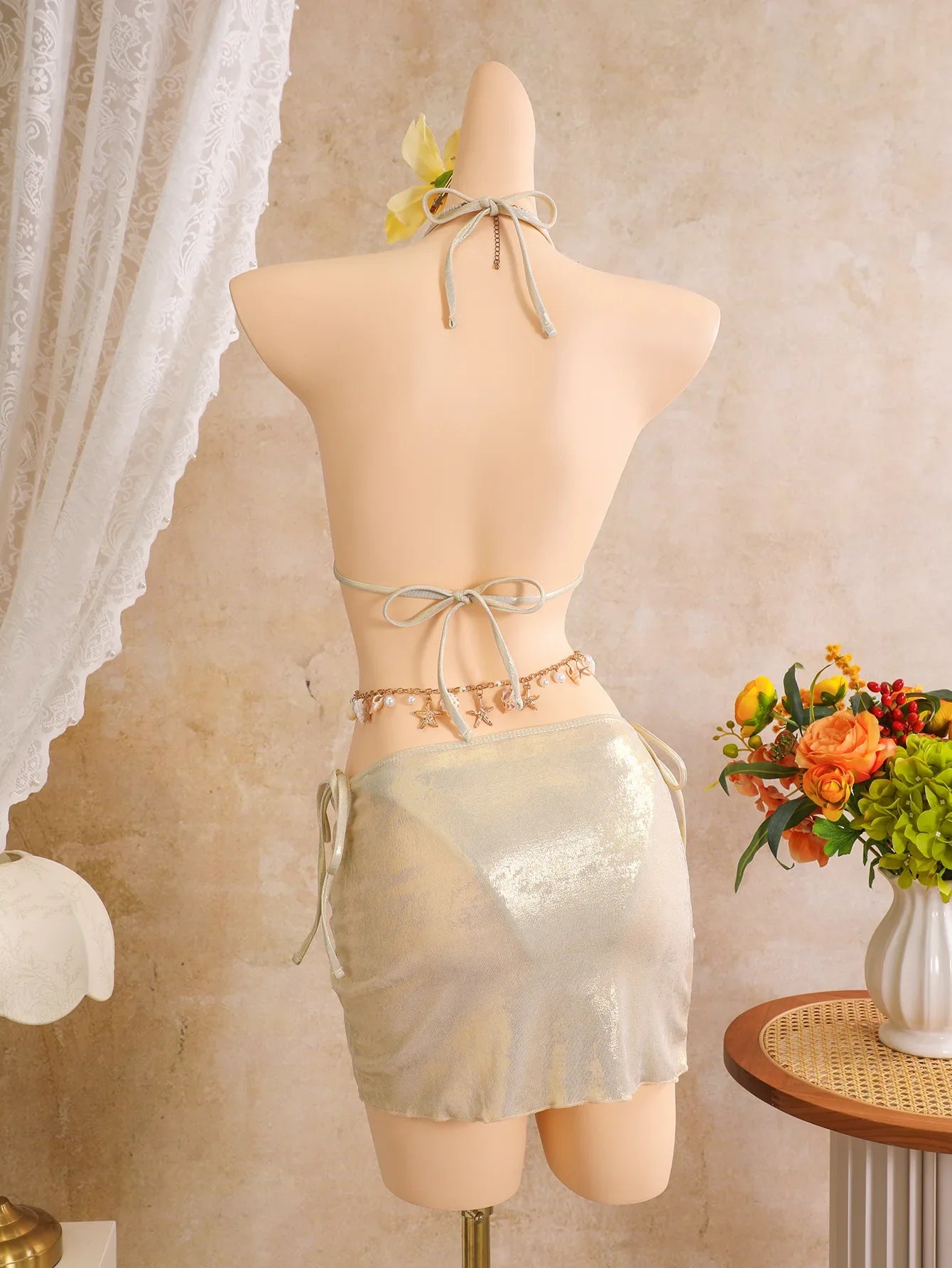 Vintage Beige 3D Flower Embroidered Bikini Set