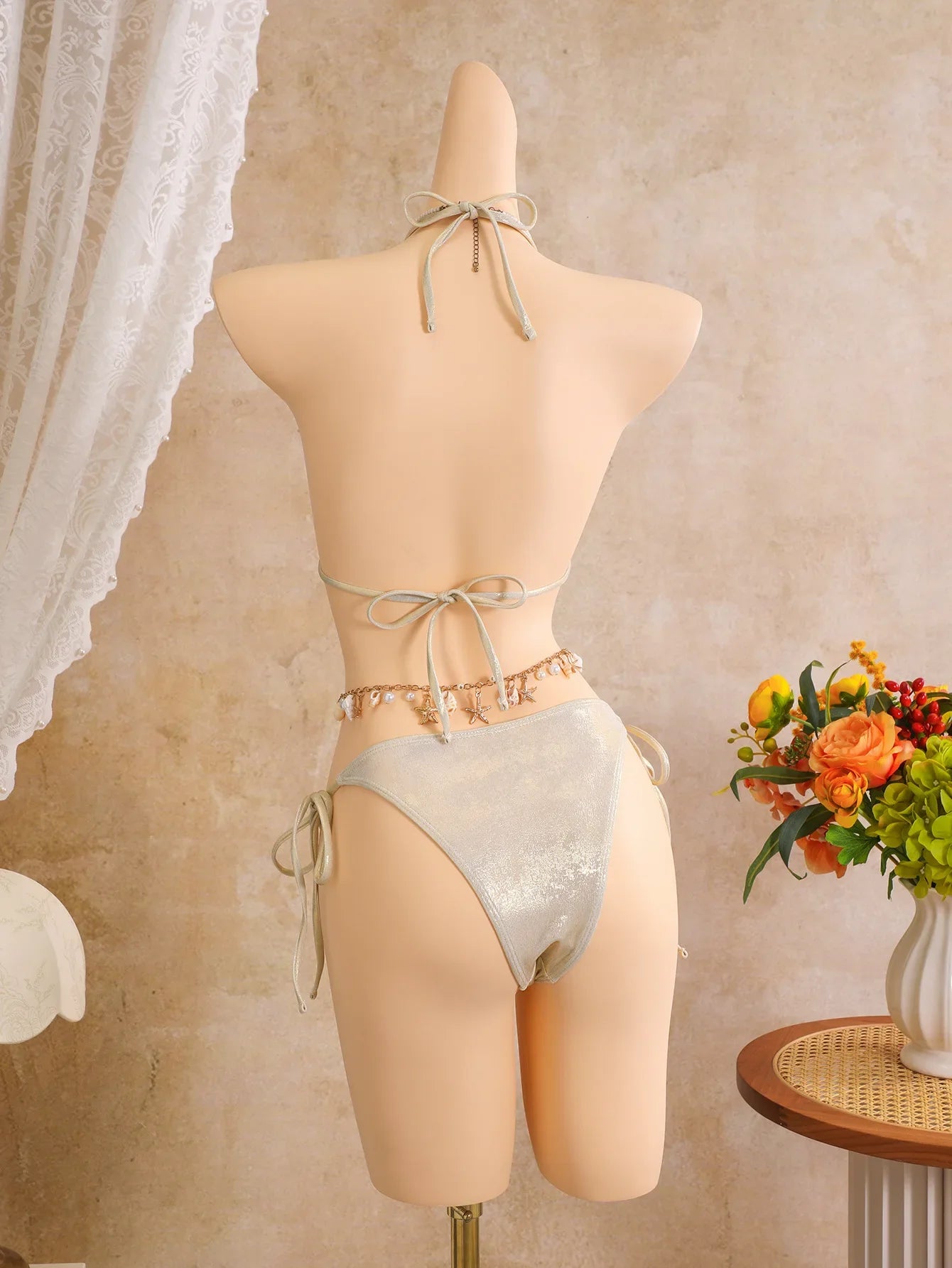Vintage Beige 3D Flower Embroidered Bikini Set