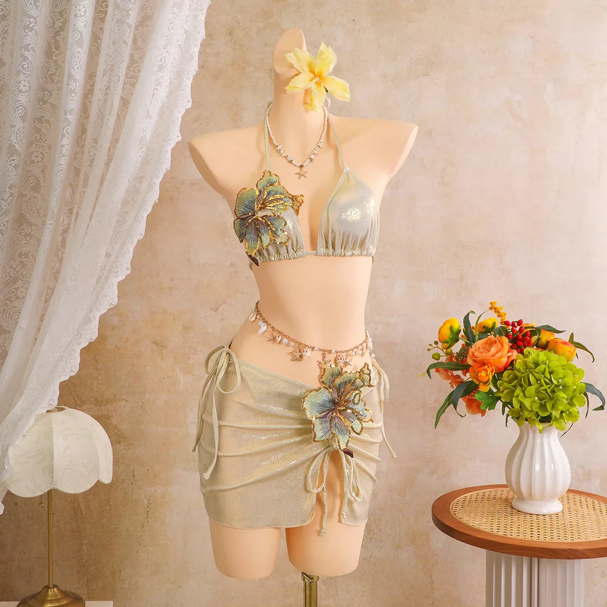 Vintage Beige 3D Flower Embroidered Bikini Set