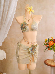 Vintage Beige 3D Flower Embroidered Bikini Set