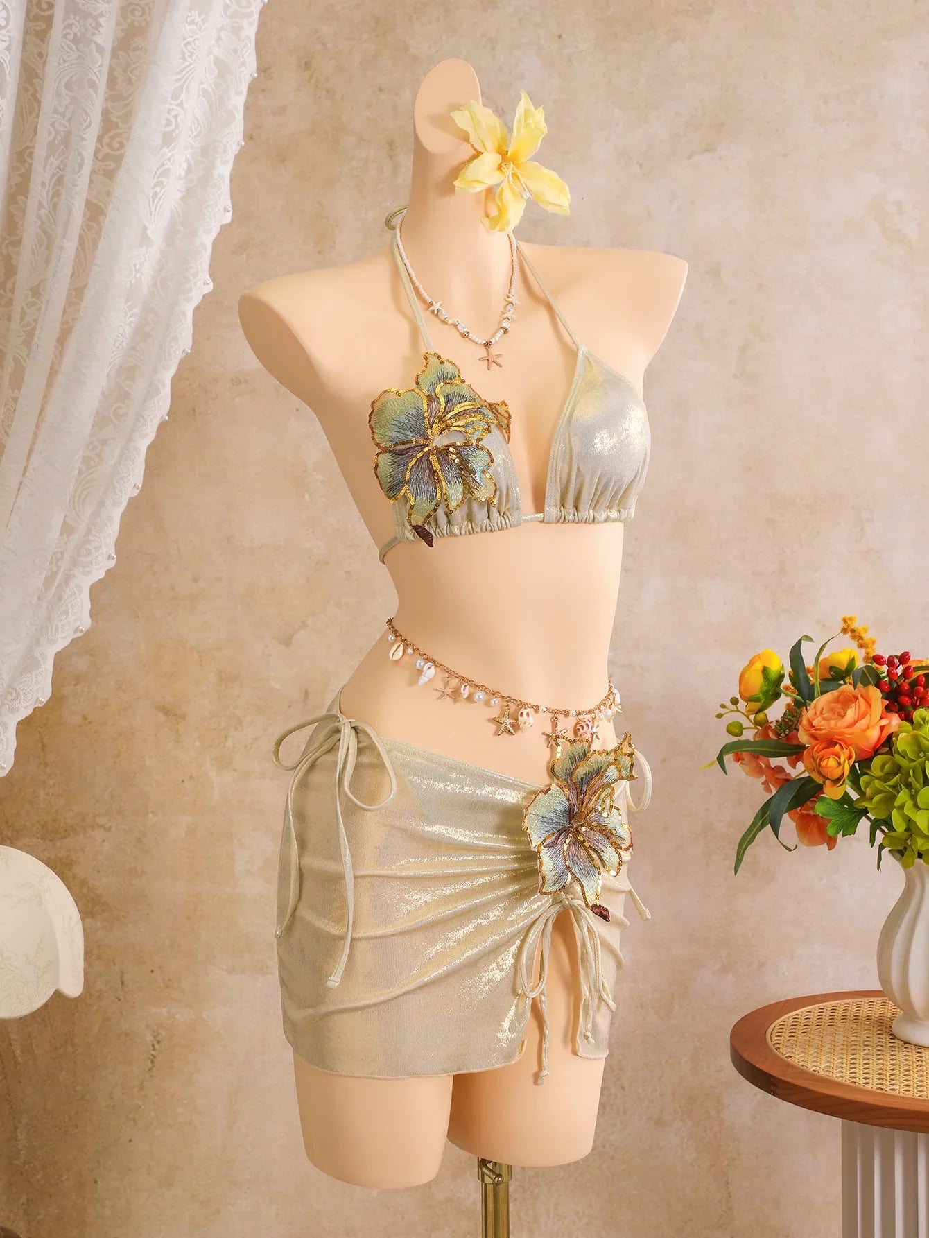 Vintage Beige 3D Flower Embroidered Bikini Set