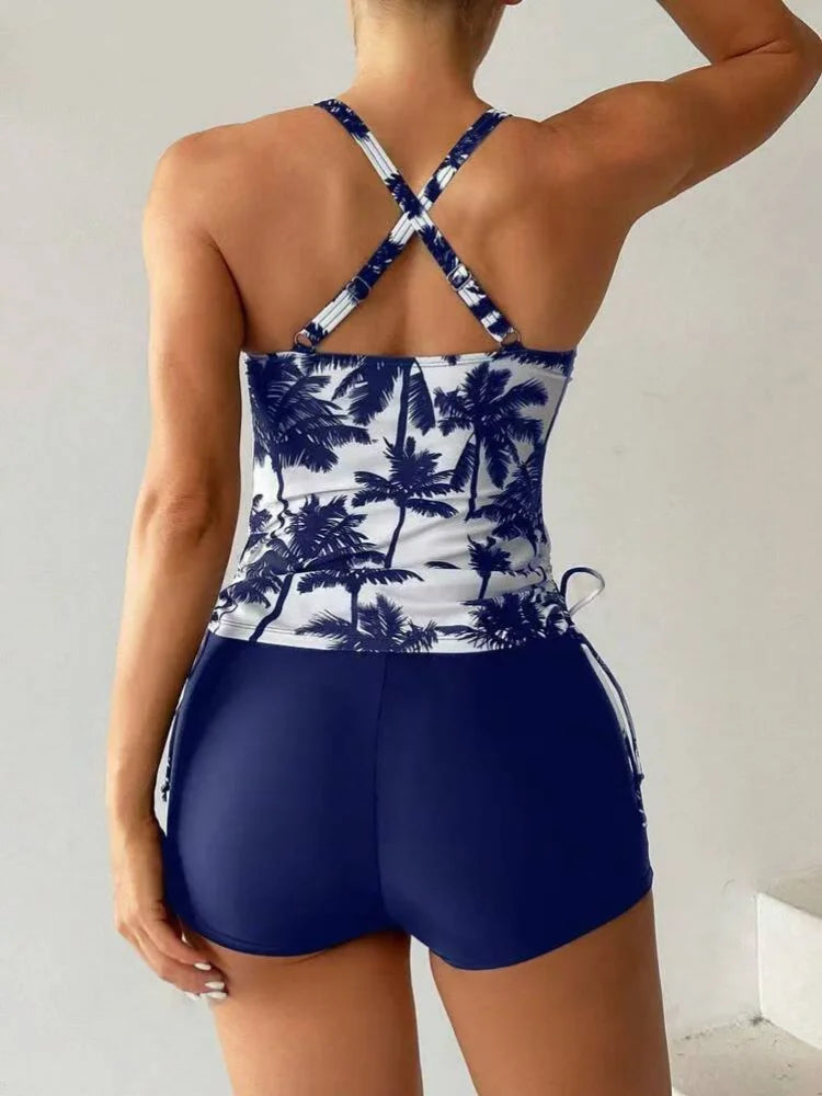 Vintage Black Coconut Tree Tankini Drawstring Side Tank Top High Waist Short Two Piece Swimsuit Bathing Suit Swimwear 2026