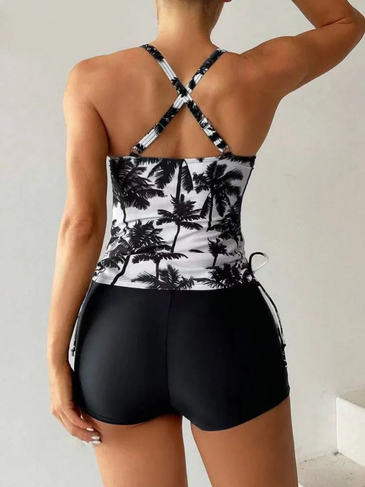 Vintage Black Coconut Tree Tankini Drawstring Side Tank Top High Waist Short Two Piece Swimsuit Bathing Suit Swimwear 2026