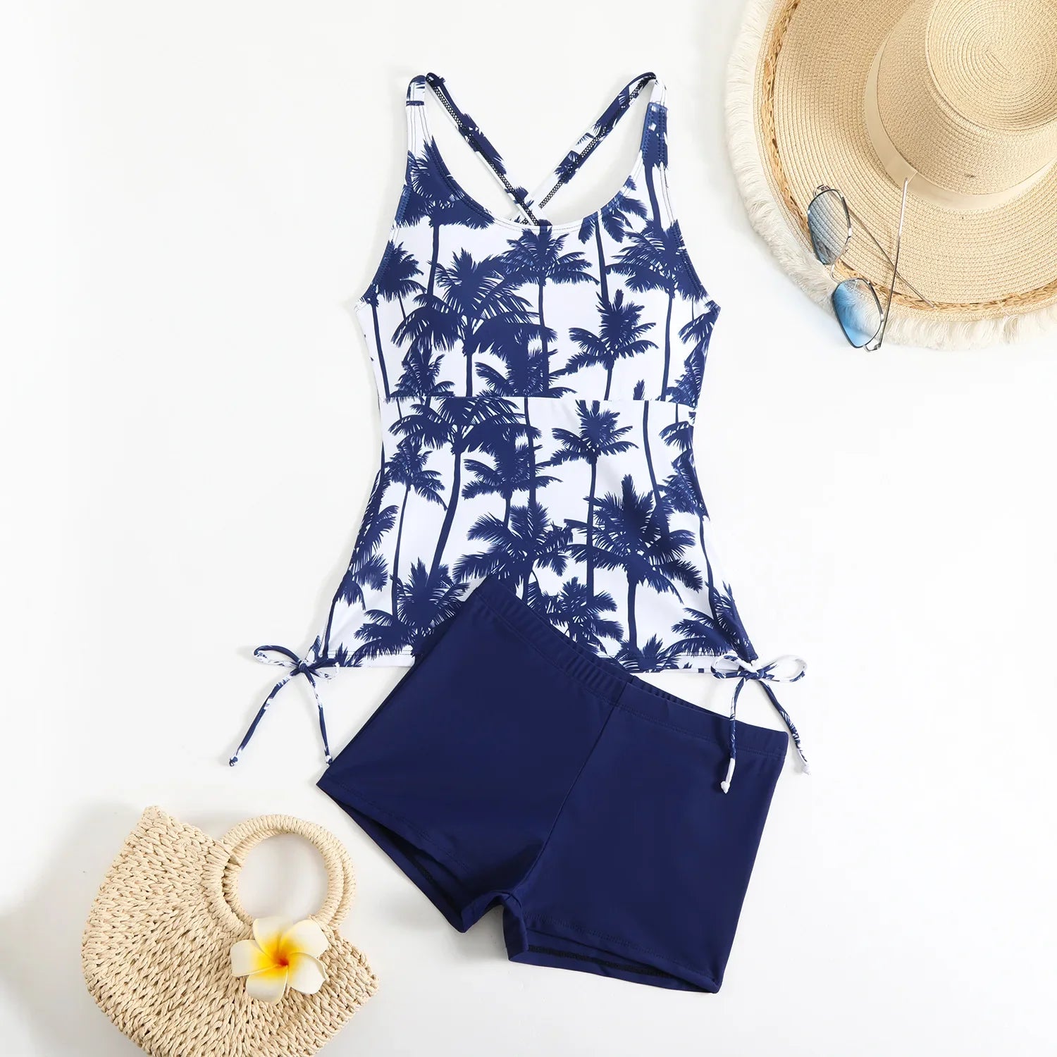Vintage Black Coconut Tree Tankini Drawstring Side Tank Top High Waist Short Two Piece Swimsuit Bathing Suit Swimwear 2026