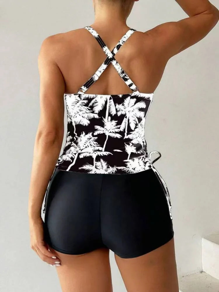 Vintage Black Coconut Tree Tankini Drawstring Side Tank Top High Waist Short Two Piece Swimsuit Bathing Suit Swimwear 2026