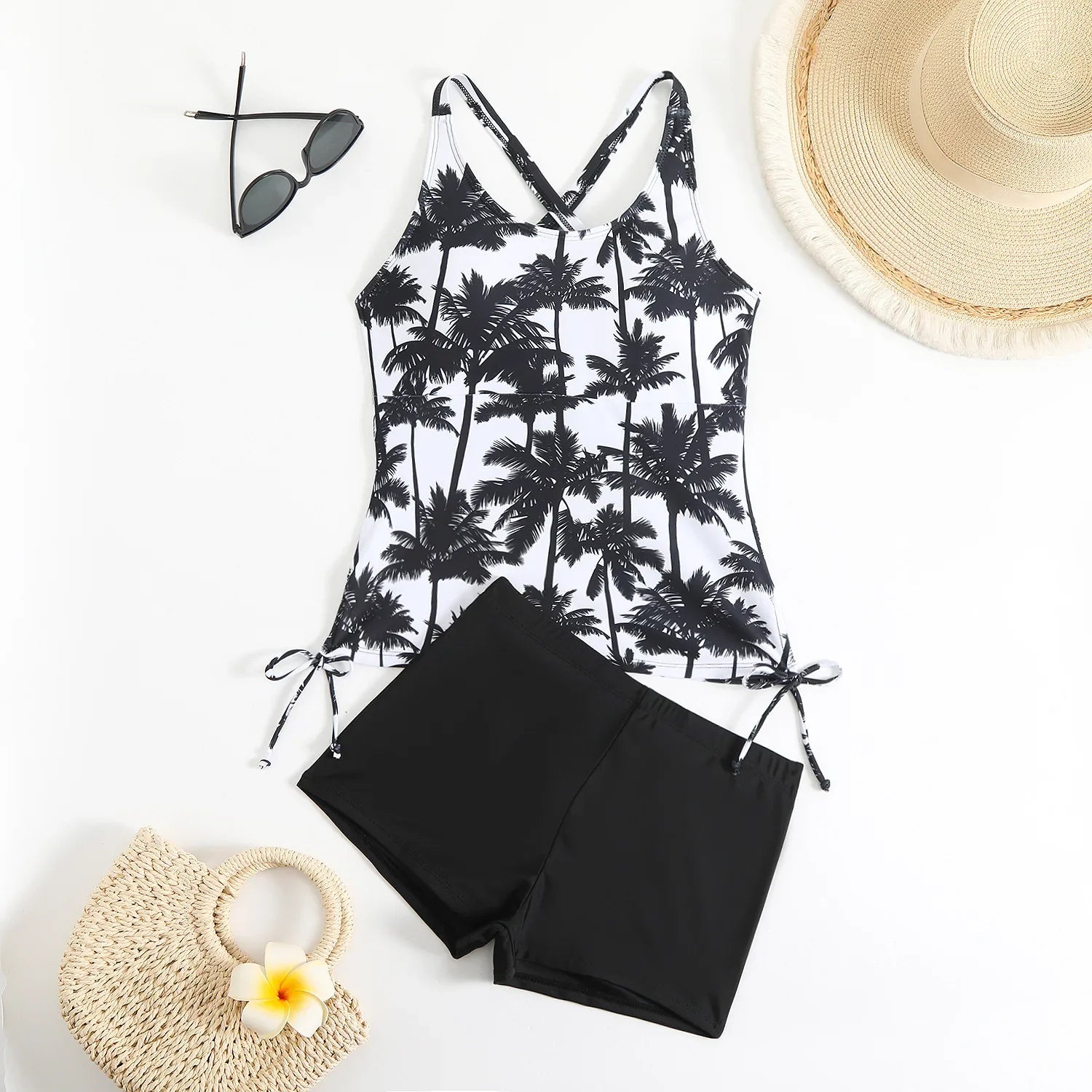Vintage Black Coconut Tree Tankini Drawstring Side Tank Top High Waist Short Two Piece Swimsuit Bathing Suit Swimwear 2026