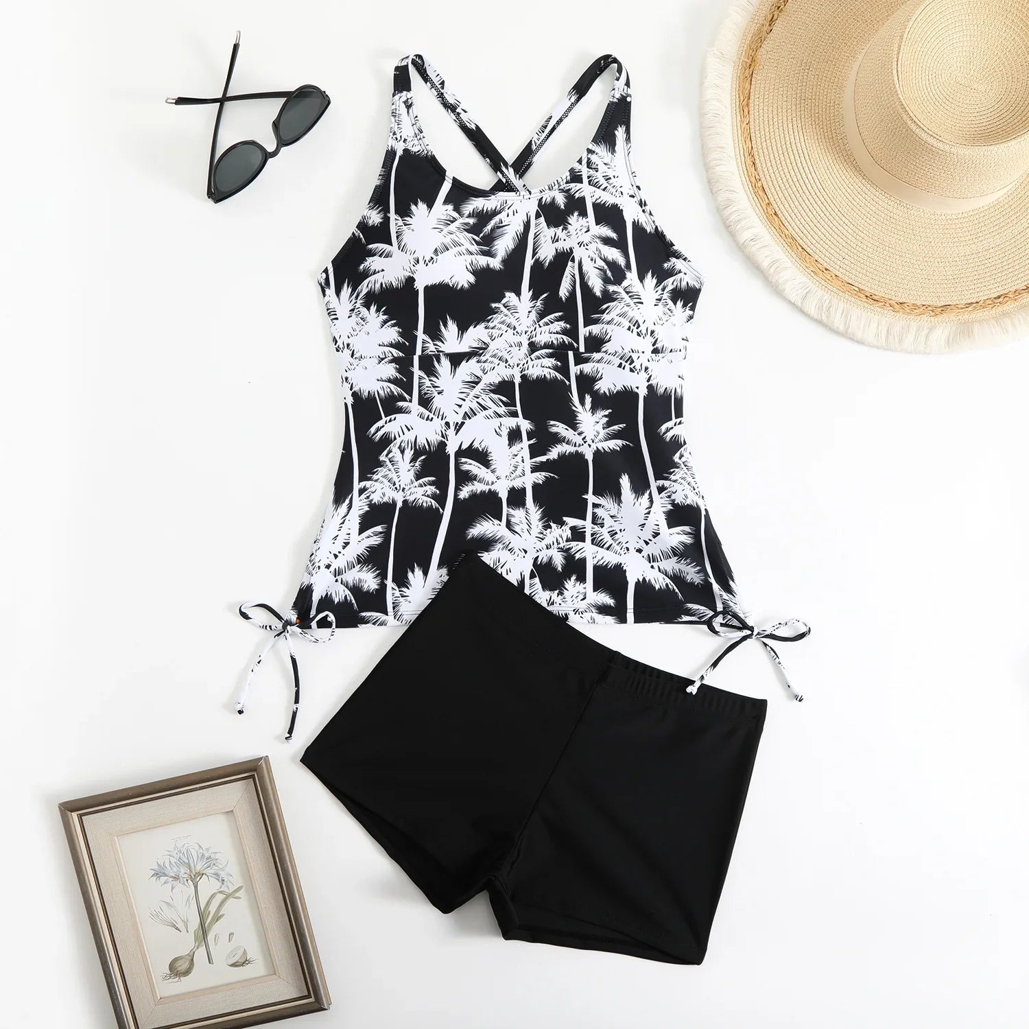 Vintage Black Coconut Tree Tankini Drawstring Side Tank Top High Waist Short Two Piece Swimsuit Bathing Suit Swimwear 2026