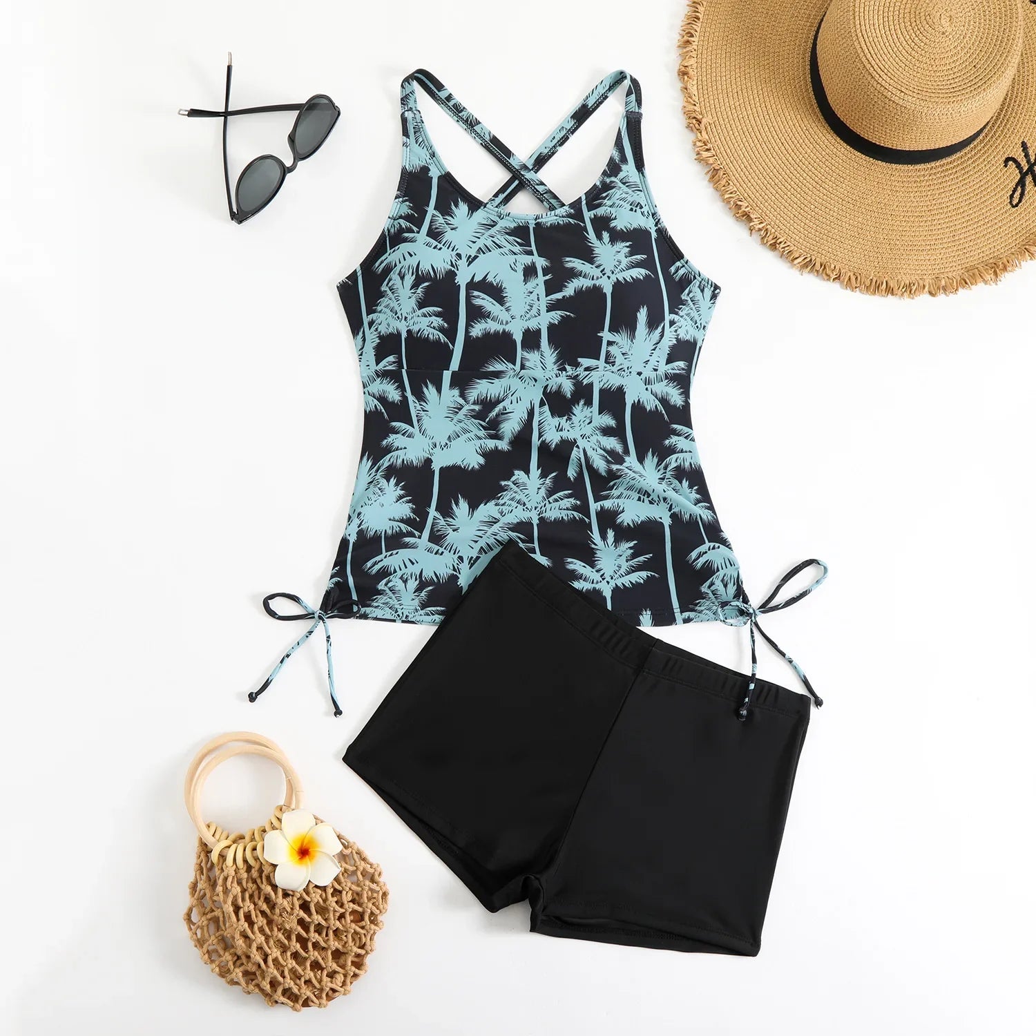 Vintage Black Coconut Tree Tankini Drawstring Side Tank Top High Waist Short Two Piece Swimsuit Bathing Suit Swimwear 2026