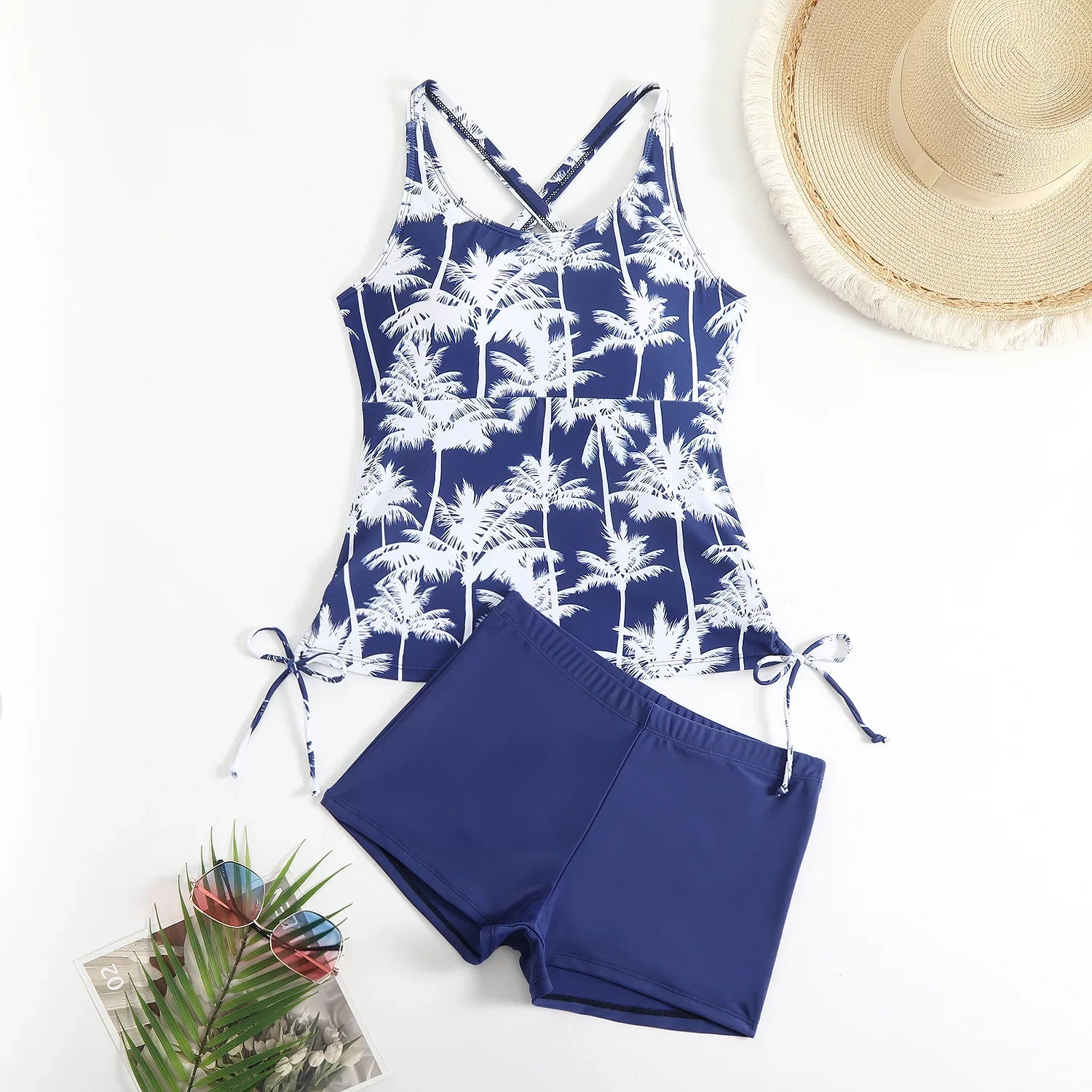 Vintage Black Coconut Tree Tankini Drawstring Side Tank Top High Waist Short Two Piece Swimsuit Bathing Suit Swimwear 2026