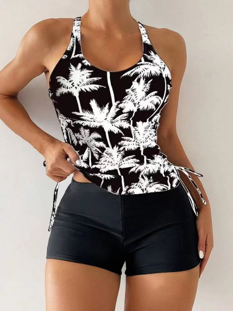 Vintage Black Coconut Tree Tankini Drawstring Side Tank Top High Waist Short Two Piece Swimsuit Bathing Suit Swimwear 2026