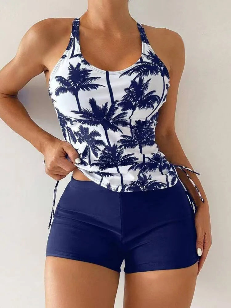 Vintage Black Coconut Tree Tankini Drawstring Side Tank Top High Waist Short Two Piece Swimsuit Bathing Suit Swimwear 2026