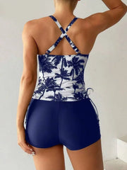 Vintage Black Coconut Tree Tankini Drawstring Side Tank Top High Waist Short Two Piece Swimsuit Bathing Suit Swimwear 2026