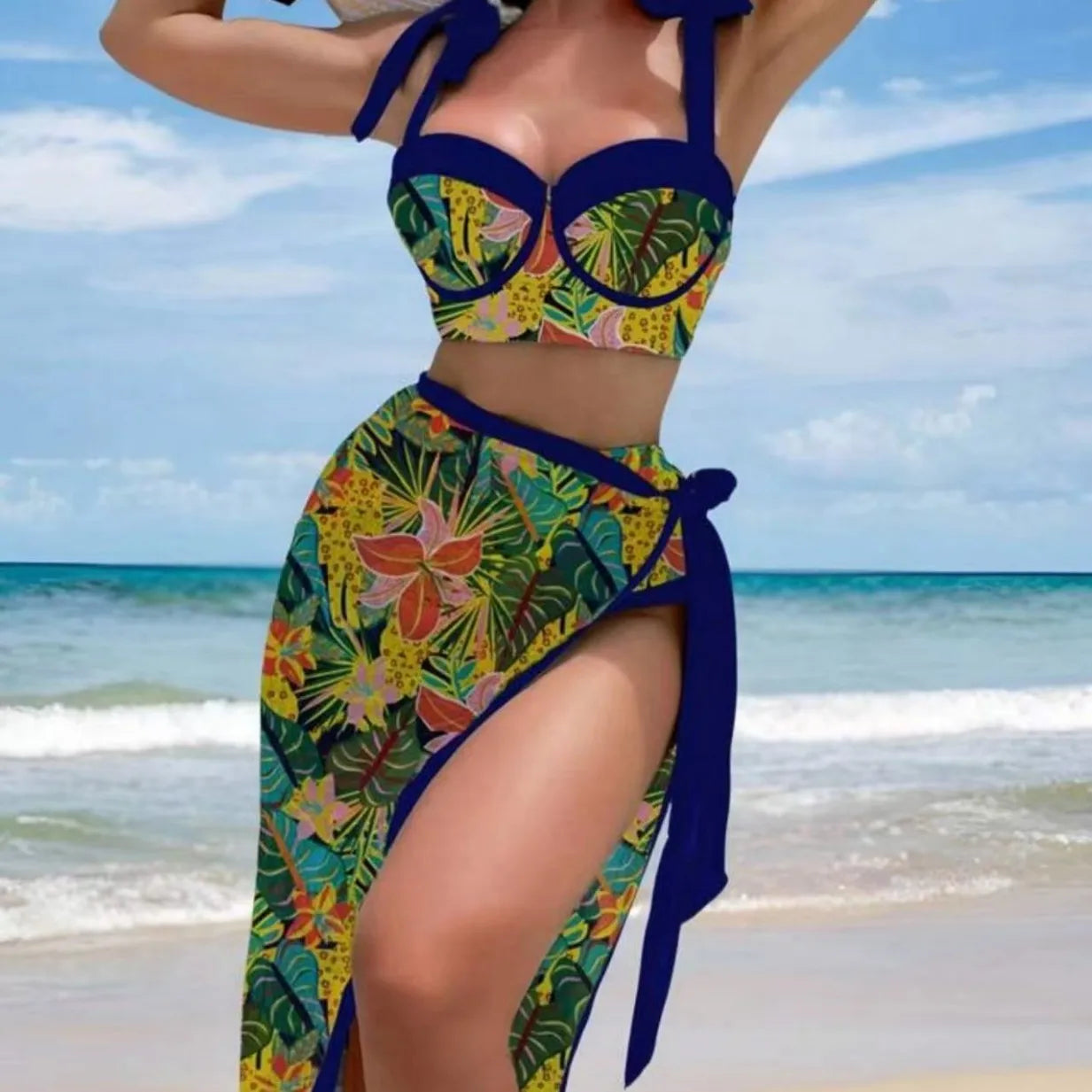 Vintage Black Floral Print Bikini Push Up Underwire Bra High Waist Swimsuit Beach Bathing Suit Skirt 3 Piece Swimwear