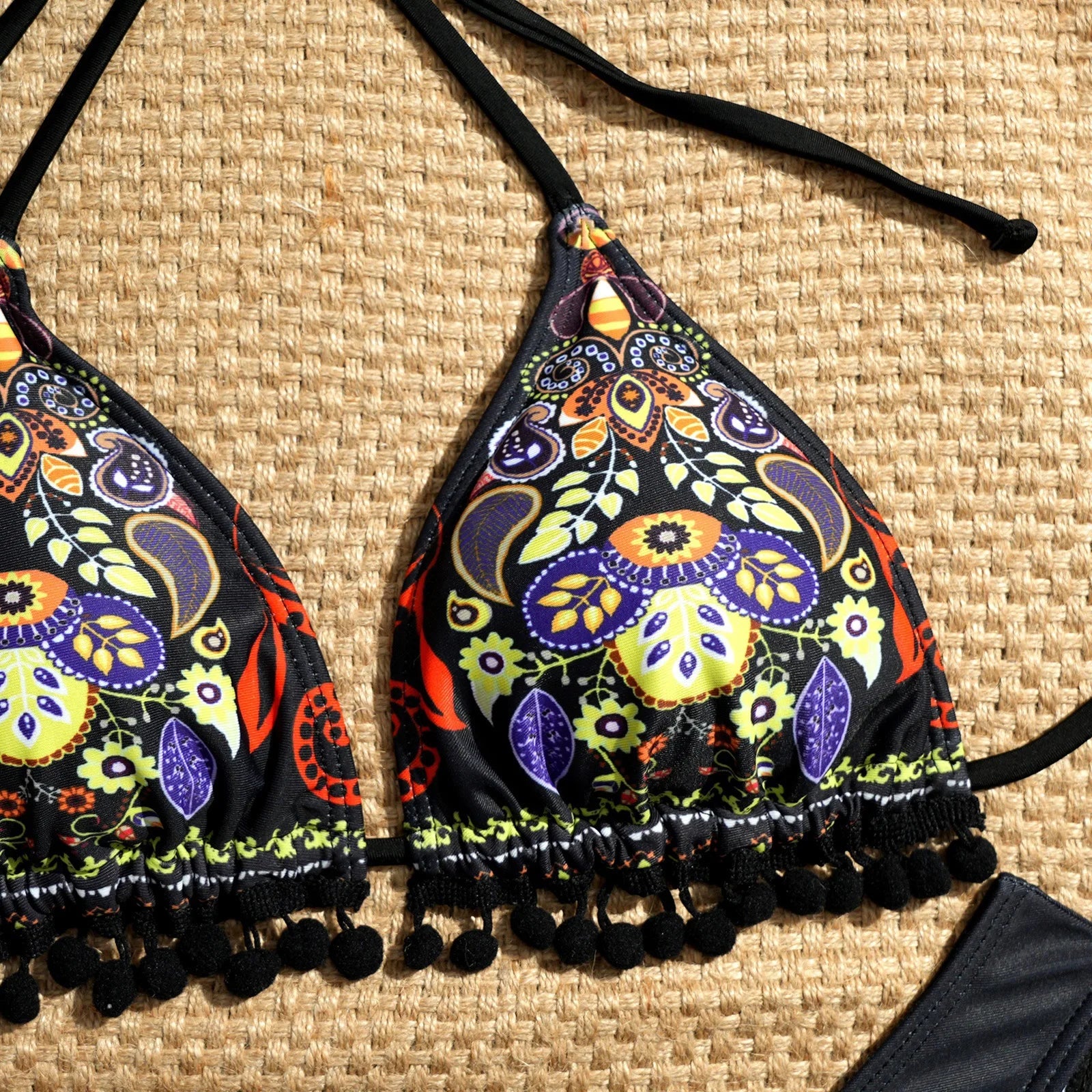Vintage Black Floral Print Bikini Set