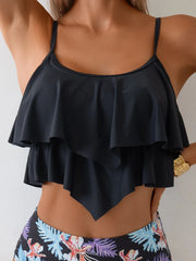 Vintage Black Floral Print High Waist Swimsuit Ruffles Push Up Top Two Piece Bikini Set