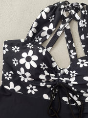 Vintage Black Flower Print Skirt Bikini Set