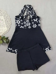 Vintage Black Flower Print Skirt Bikini Set