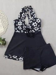 Vintage Black Flower Print Skirt Bikini Set