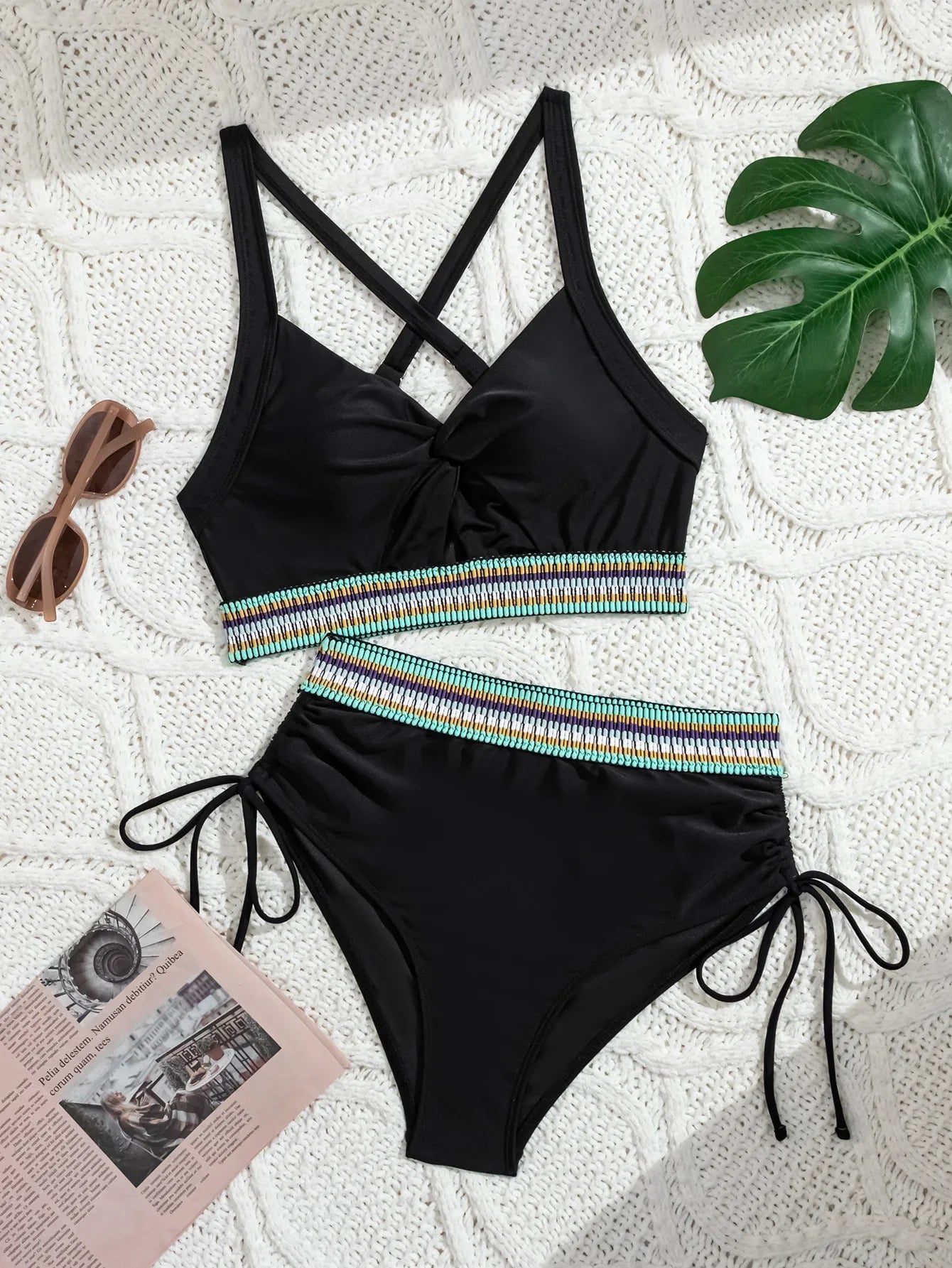Vintage Black Knitted Patchwork Bikinis Sets