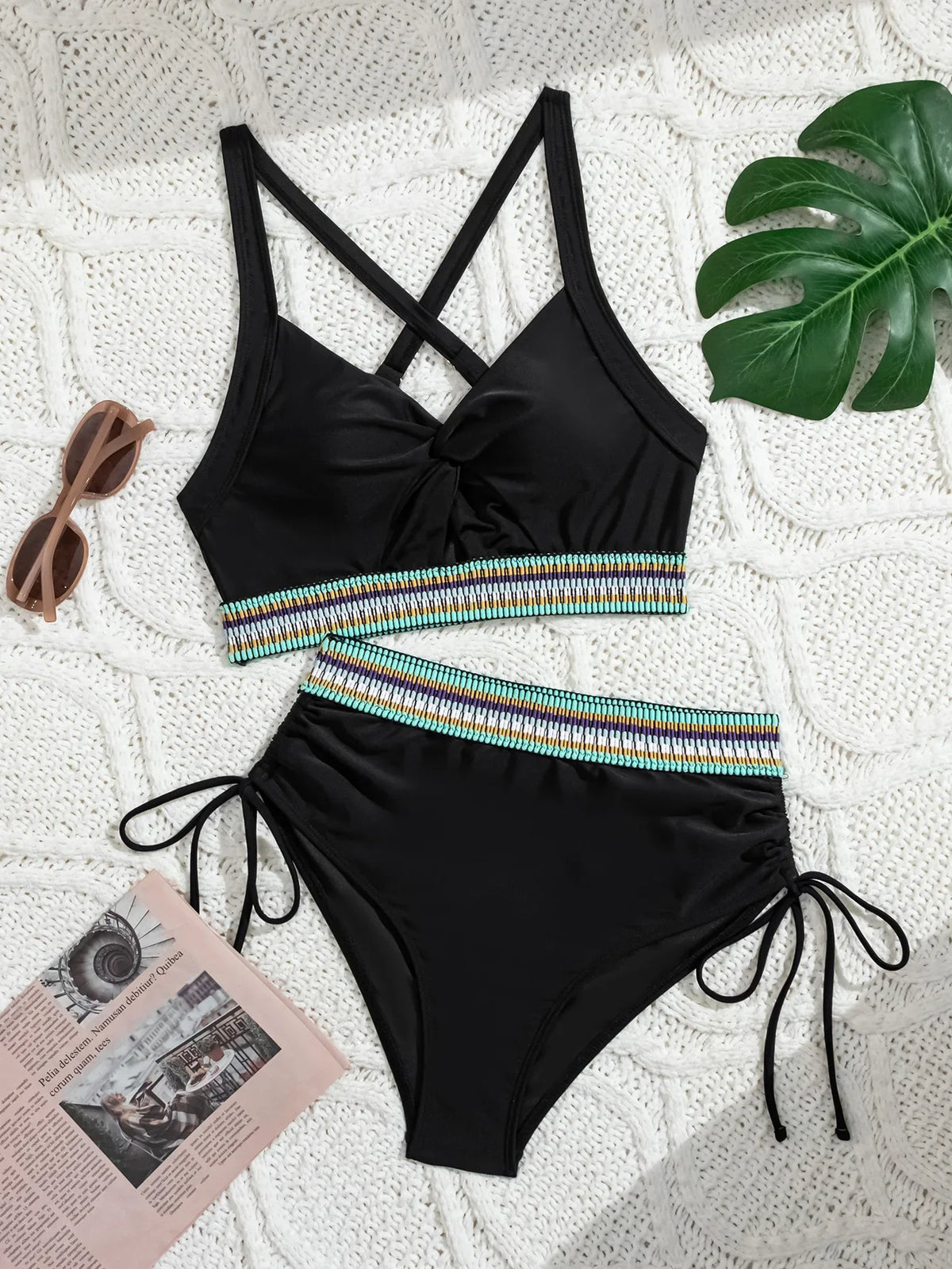 Vintage Black Knitted Patchwork Bikinis Sets