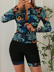 Vintage Black Leaves Print Tankini Set