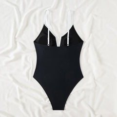 Vintage Black Patchwork Swimwear Deep V Neck Pleate Slim Tummy Control One Piece Swimsuit Beach Bathing Suit Monokini
