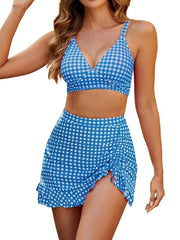Vintage Black Plaid Drawstring Side Skirt 3 Piece Bikini Set