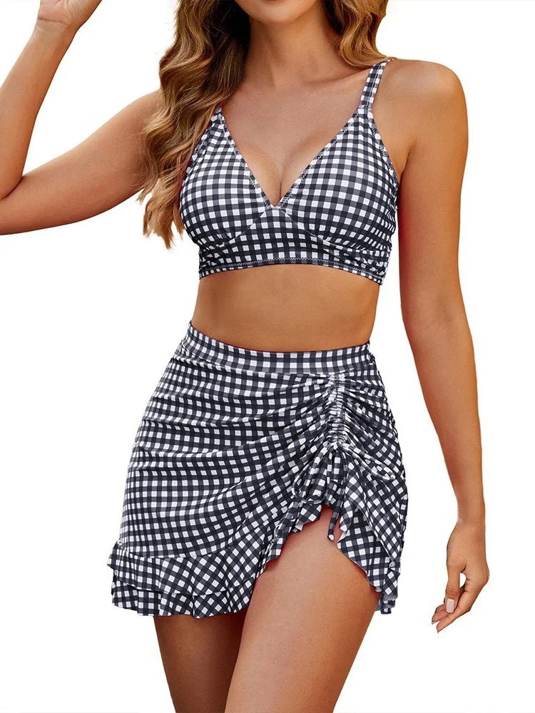 Vintage Black Plaid Drawstring Side Skirt 3 Piece Bikini Set