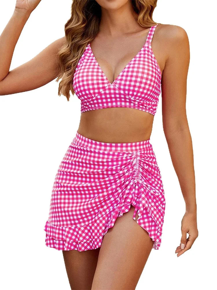Vintage Black Plaid Drawstring Side Skirt 3 Piece Bikini Set