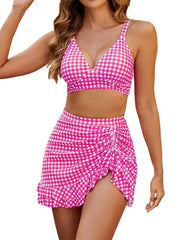 Vintage Black Plaid Drawstring Side Skirt 3 Piece Bikini Set