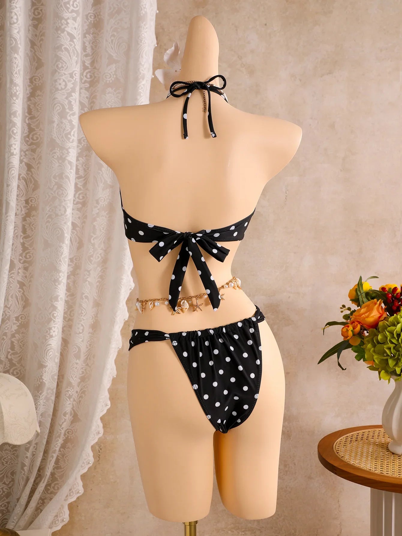Vintage Black Polka Dot Print Bikini Set