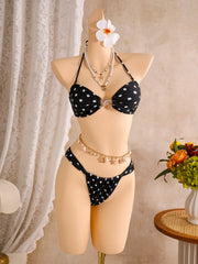 Vintage Black Polka Dot Print Bikini Set