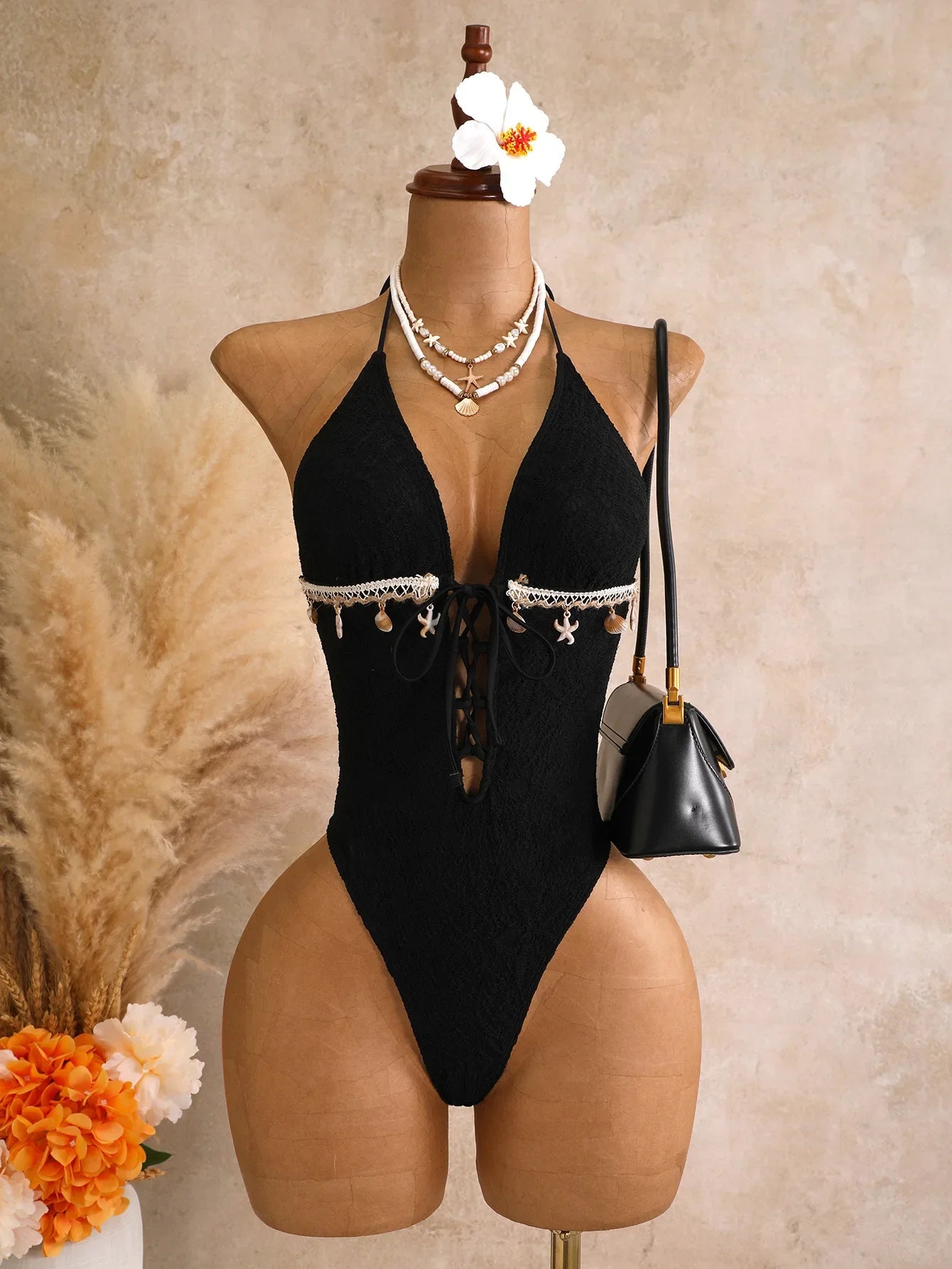 Vintage Black Shell Starfish Ornament Swimwear V Neck Front Tie Hollow Out Backless Bathing Suit One Piece Swimsuit