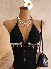 Vintage Black Shell Starfish Ornament Swimwear V Neck Front Tie Hollow Out Backless Bathing Suit One Piece Swimsuit
