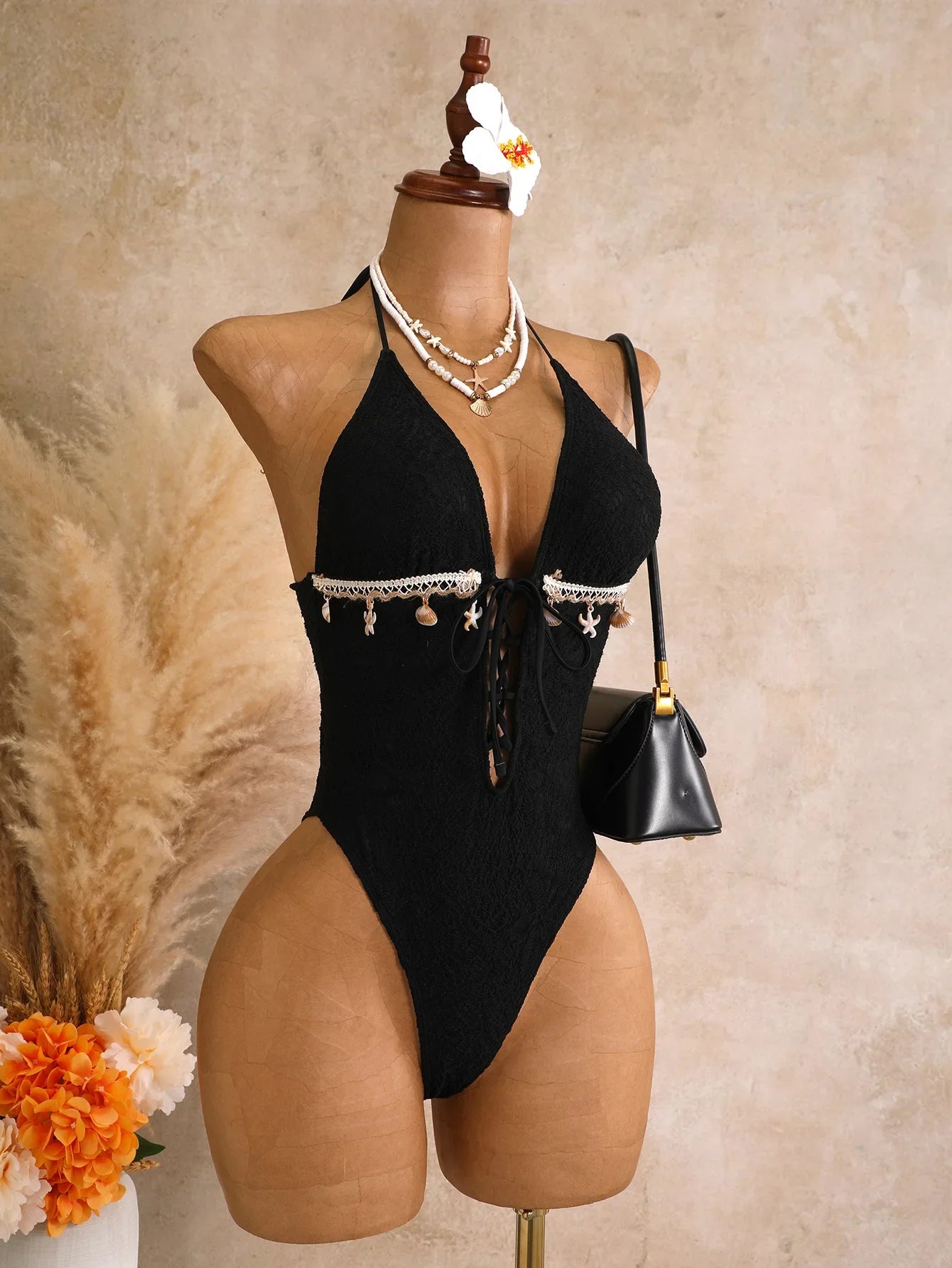 Vintage Black Shell Starfish Ornament Swimwear V Neck Front Tie Hollow Out Backless Bathing Suit One Piece Swimsuit