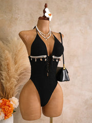 Vintage Black Shell Starfish Ornament Swimwear V Neck Front Tie Hollow Out Backless Bathing Suit One Piece Swimsuit