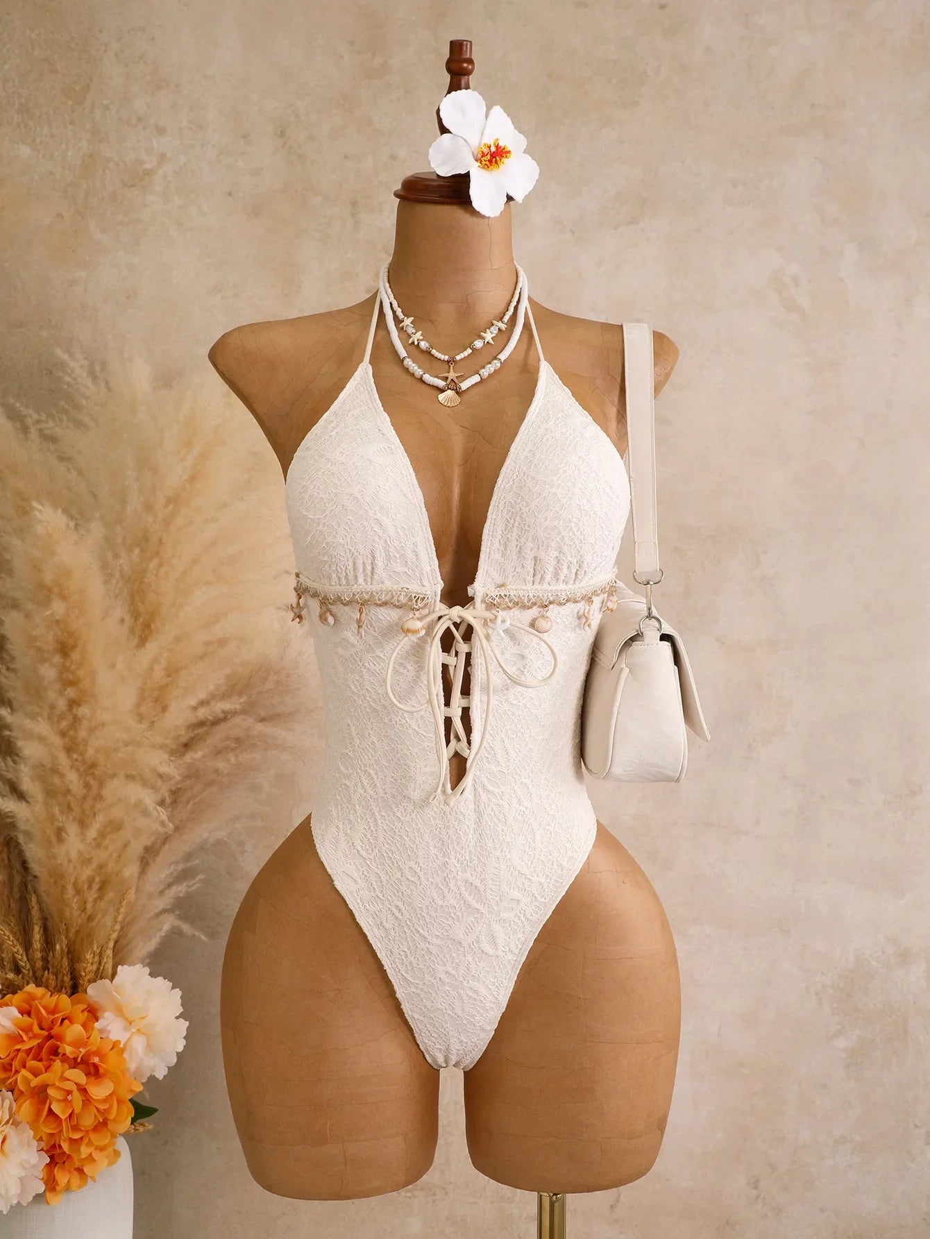 Vintage Black Shell Starfish Ornament Swimwear V Neck Front Tie Hollow Out Backless Bathing Suit One Piece Swimsuit
