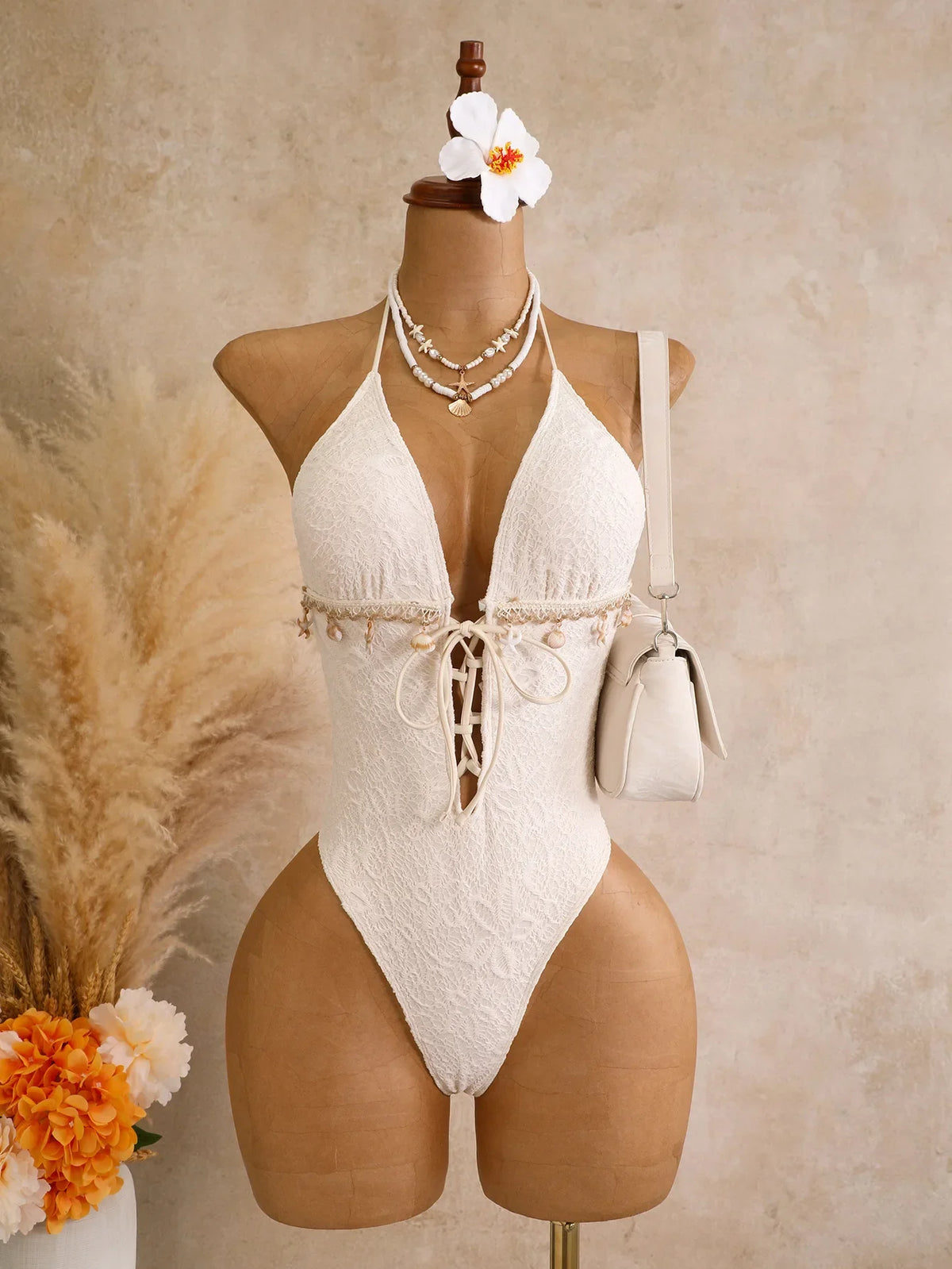 Vintage Black Shell Starfish Ornament Swimwear V Neck Front Tie Hollow Out Backless Bathing Suit One Piece Swimsuit
