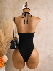 Vintage Black Shell Starfish Ornament Swimwear V Neck Front Tie Hollow Out Backless Bathing Suit One Piece Swimsuit