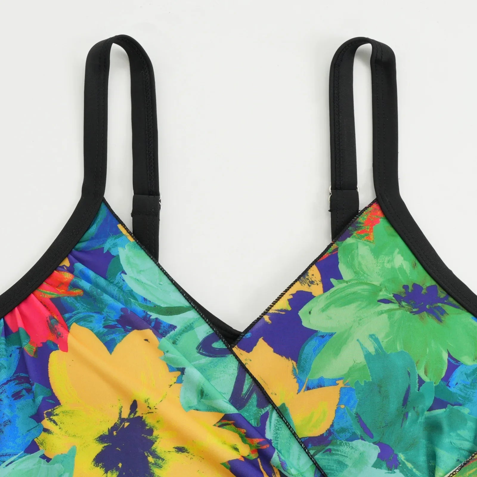 Vintage Black Tie Dye Gradient Swimwear V Neck Drawstring Slim Tummy Control One Piece Swimsuit Bathing Suit Monokini