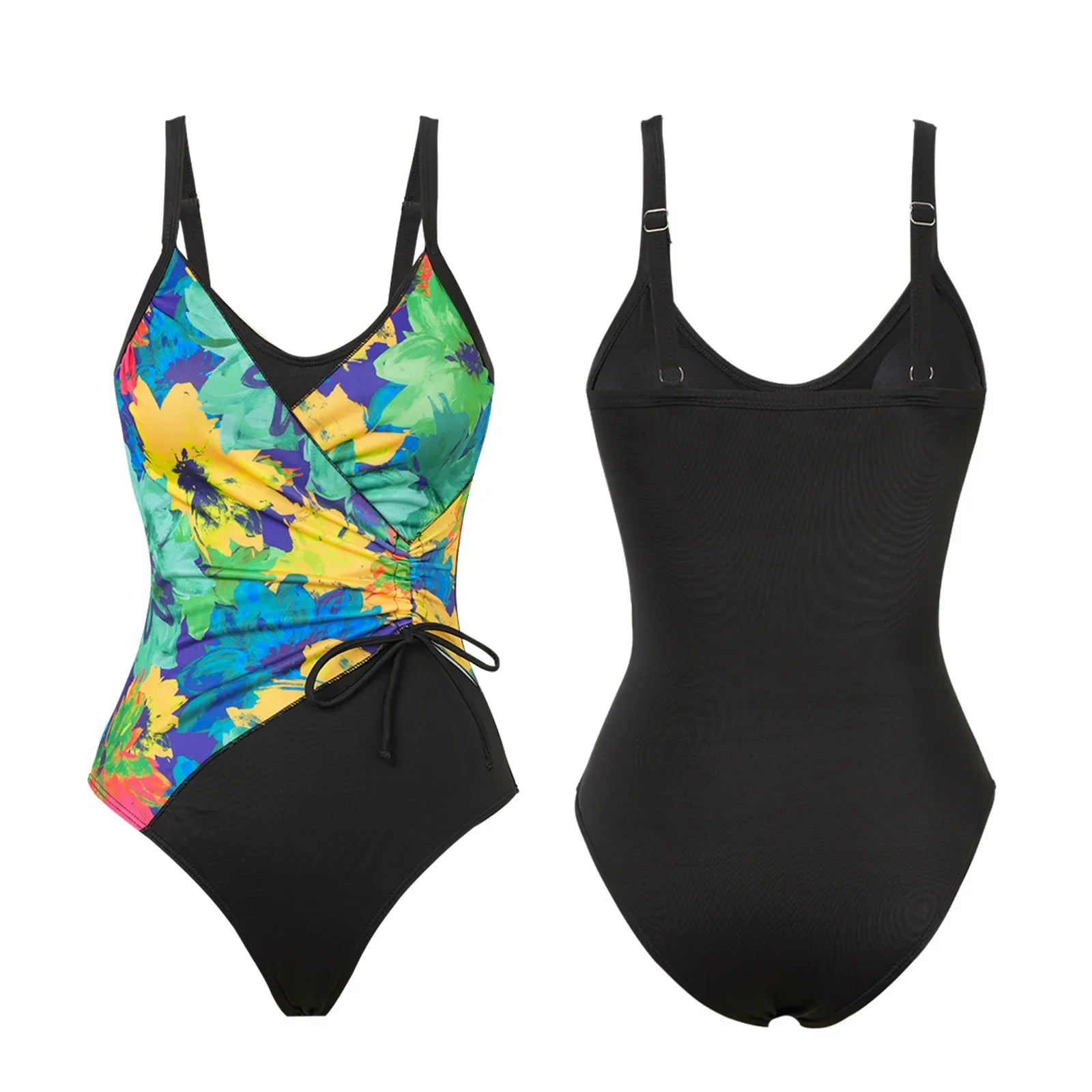 Vintage Black Tie Dye Gradient Swimwear V Neck Drawstring Slim Tummy Control One Piece Swimsuit Bathing Suit Monokini
