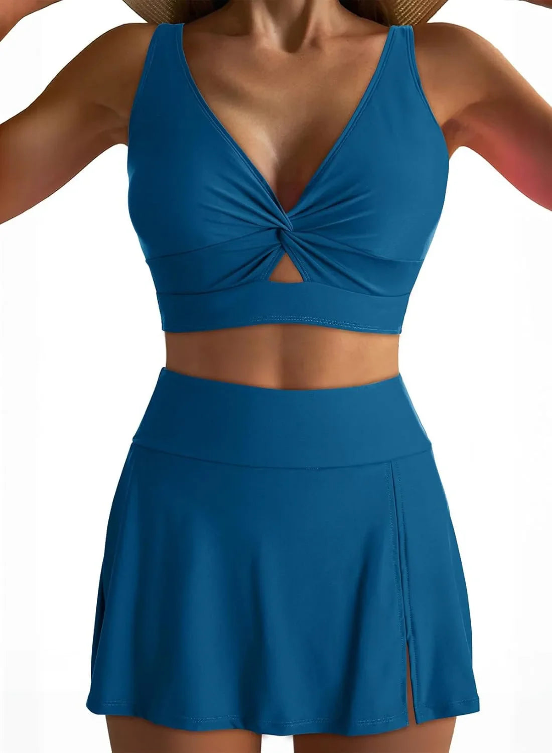 Vintage Black Two Piece Swimsuit Swimwear Hollow Out Cross Crop Top with High Waist Skirt Bikinis Sets