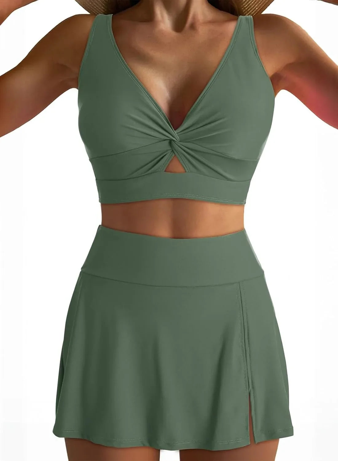 Vintage Black Two Piece Swimsuit Swimwear Hollow Out Cross Crop Top with High Waist Skirt Bikinis Sets
